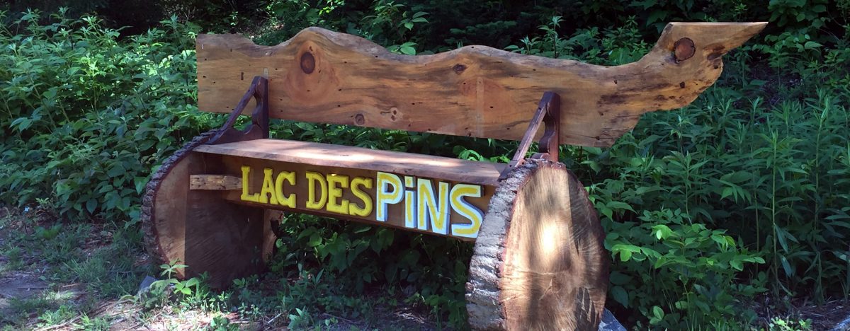 Banc de bois sculpté Lac des Pins au Domaine Chalets des Pins, Rawdon