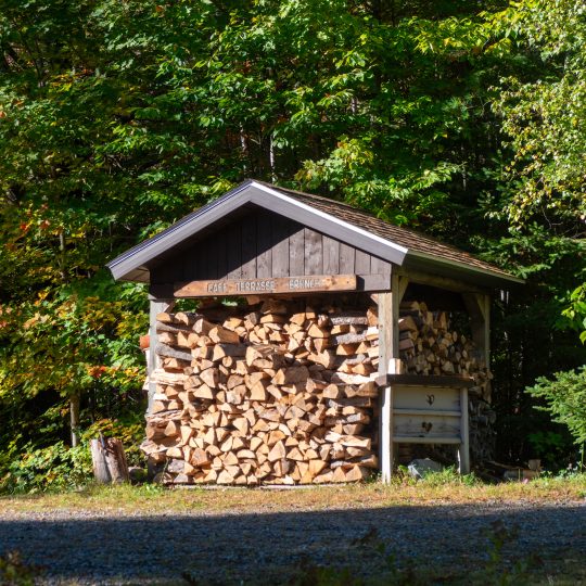 Abri à bois rempli de bois de chauffage fourni gratuitement aux visiteurs