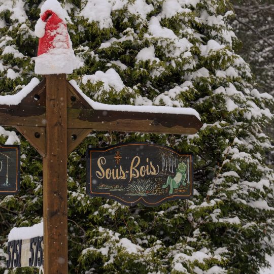 Enseigne du chalet Le Sous-bois sous la neige