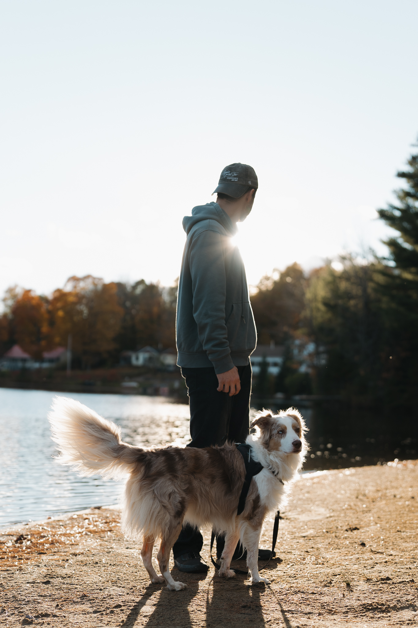 Homme et son chien au bord du Lac des Pins au coucher du soleil, Domaine Chalets des Pins